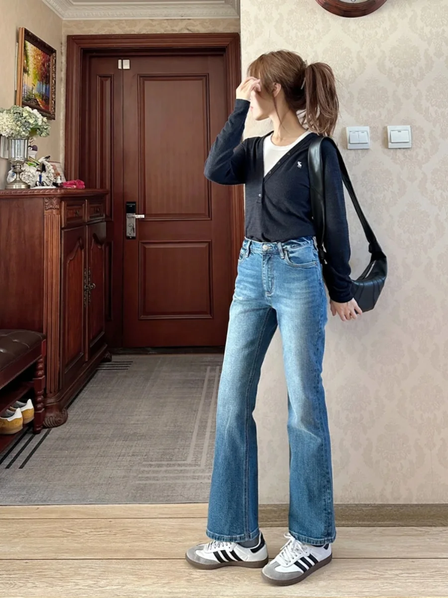Retro Blue High Waist Slimming Bell Bottom Jeans Women's Miniature Spring Autumn  Hoof Micro Flared Denim Pants