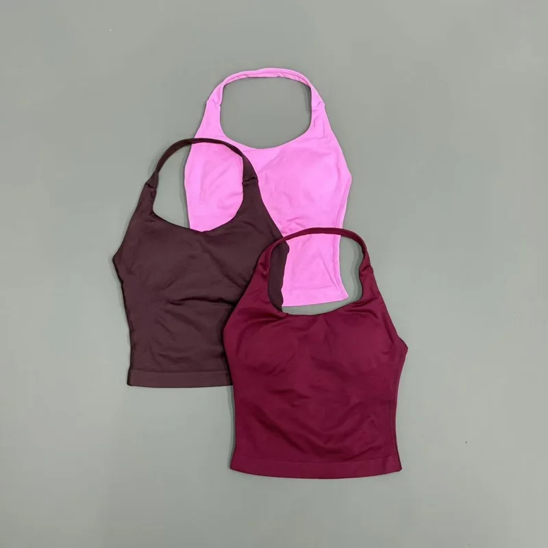 Yoga Tank Top Women Seamless Strappy Open Back Longline Halter Sports Bra Comfortable Stretch Workout Gym Running Fitness Top image 5