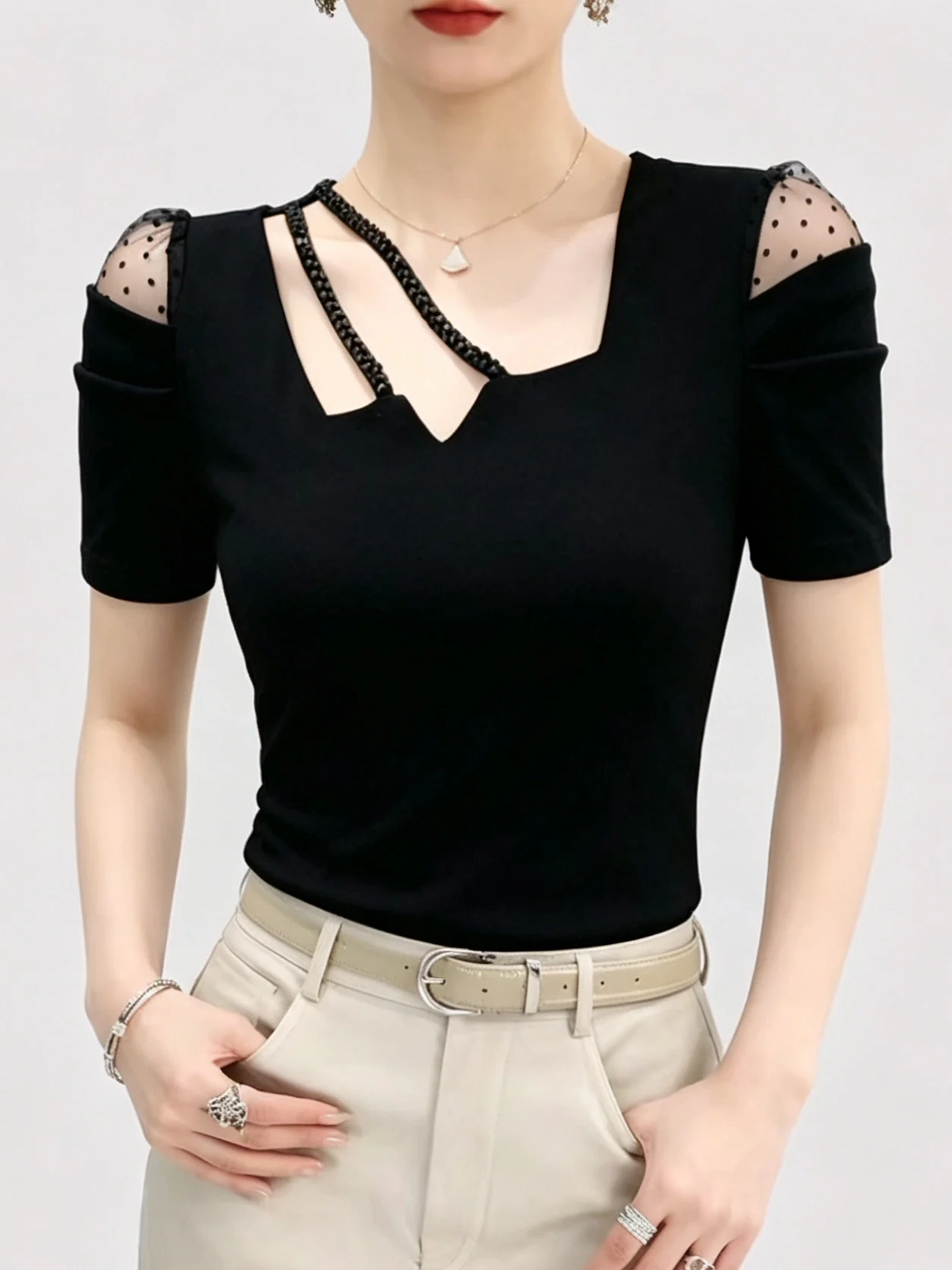 

Summer Women's Fashion Slim Fit Short Sleeve T-Shirt Square Collar Mesh Splice Hollow out Design Sensation Top Korean Style