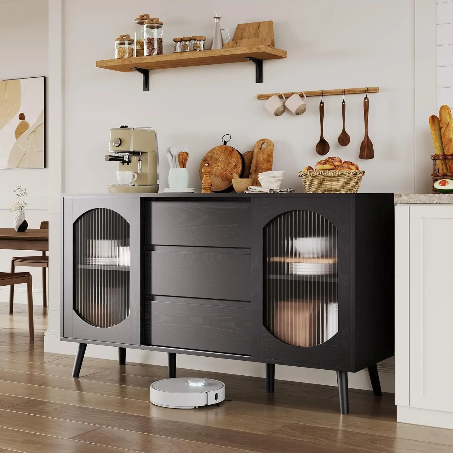 

Buffet cabinet with storage space, side panel cabinet with grooved glass sliding doors and drawers, black side panel for kitchen