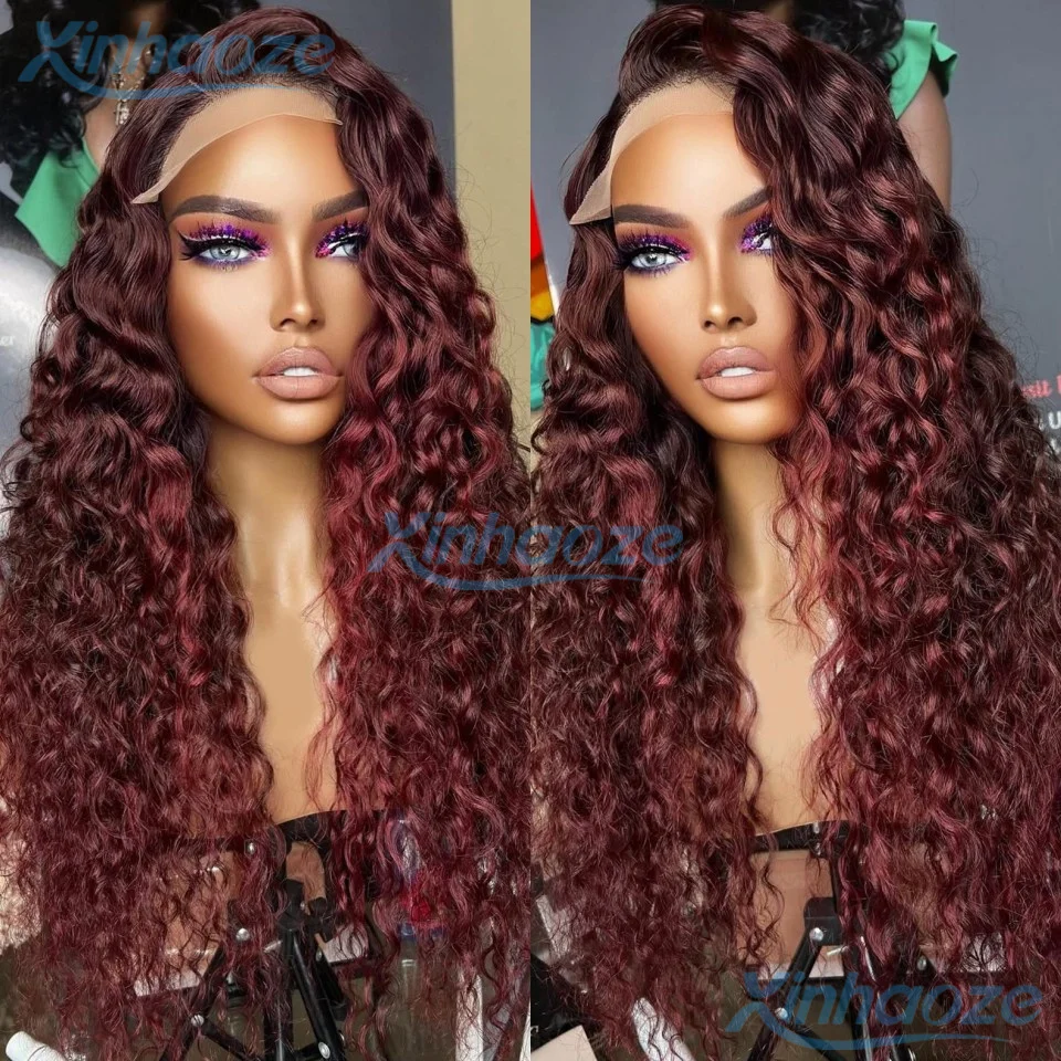 

Burgundy Deep Wavy 13x6/360 Lace Frontal Wigs Human Hair Pre-plucked 13x4 Silk Top Water Wavy 99J Red Colored Wig For Women