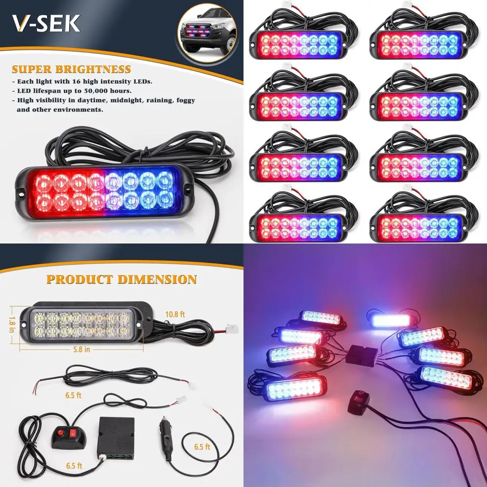 

8-Piece 16-LED Waterproof Emergency Strobe Lights Kit for Vehicles, Sync Feature, 12V, Ultra Slim Surface Mount