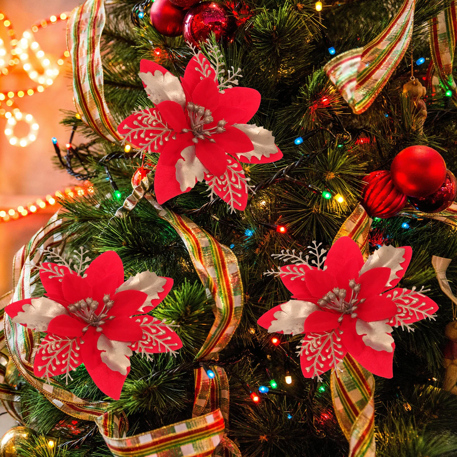 

6 Pcs Indoor Christmas Wreath Simulated Flowers Poinsettia Picks Silk Cloth Tree