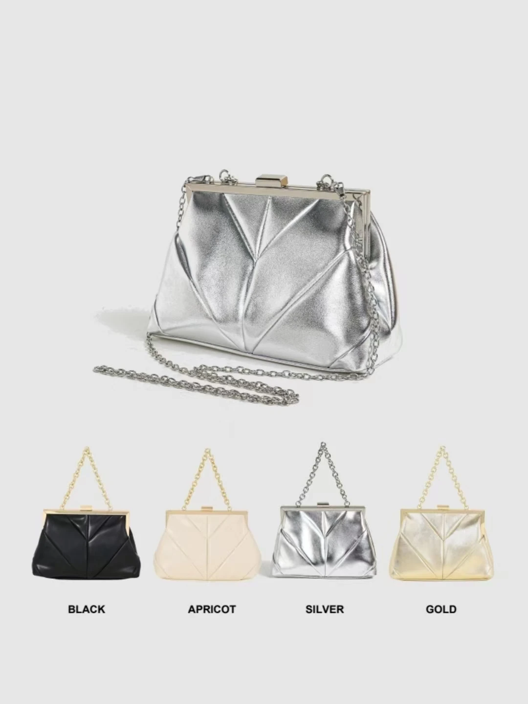 

Good Touch Soft PU Leather Elegant Pleated Kiss-Lock Closure Evening Bag,Shinny Metal Chain Holder Frame Cross Body Clutch Bag