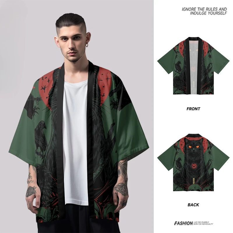 

Japanese Style Cartoon black cat Print cardigan Kimono Fashion Casual Cardigan Yukata Summer Beach Men Women Traditional Haori