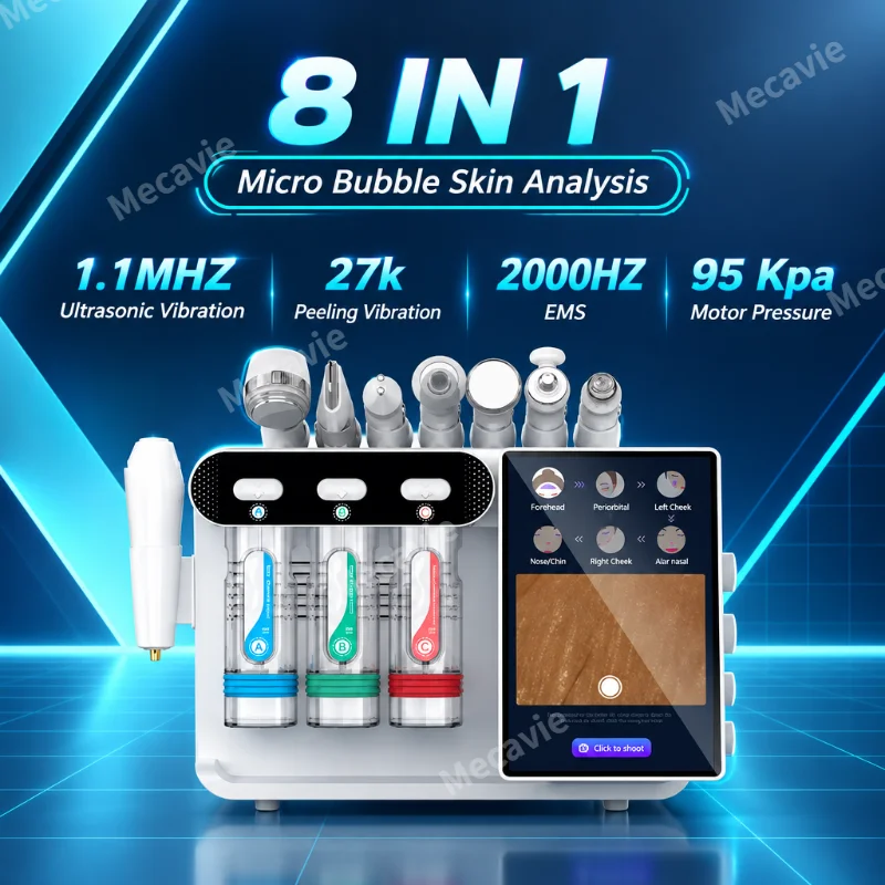 Professional 8IN1 Hydro Dermabrasion Machine Visual Skin Analysis Small Bubble Water Oxygen RF Cold Hot Hammer Facial Beauty