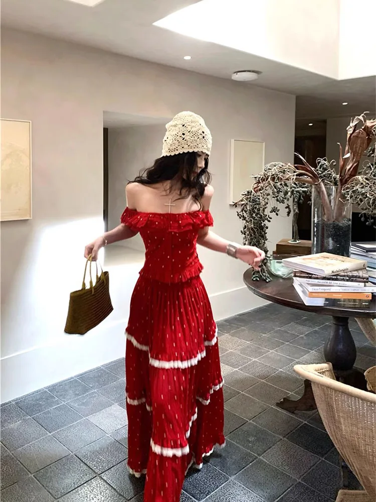 

Retro temperament sexy fashion set skirt women's summer new style ruffled one shoulder top half skirt two-piece set