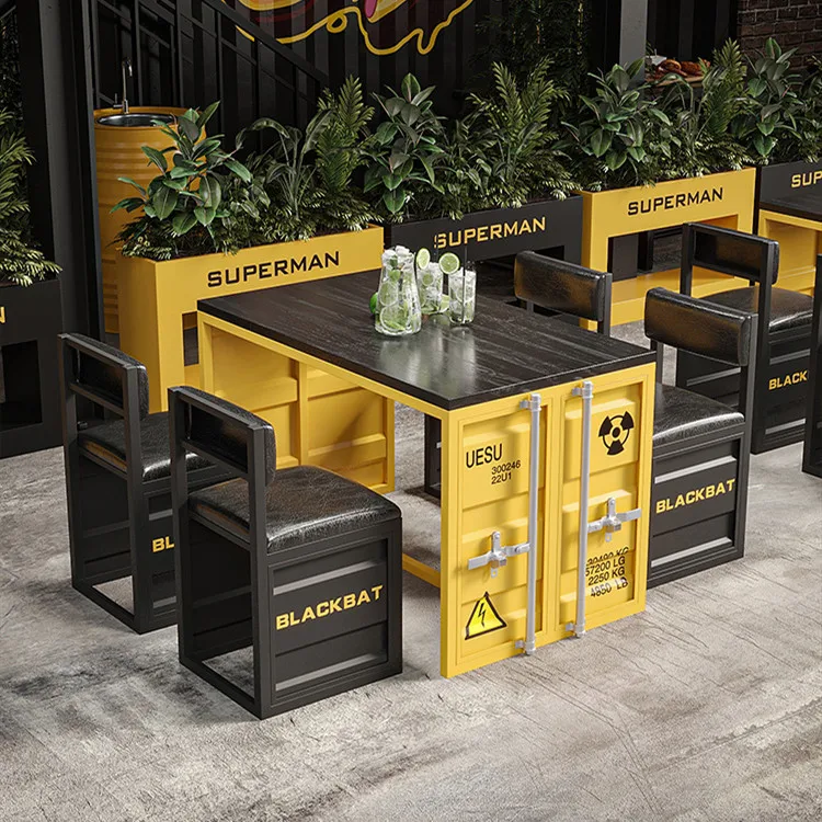 Industrial Bar Table & Chair Set Creative Industrial Theme Restaurant Iron Dining Table & Chairs