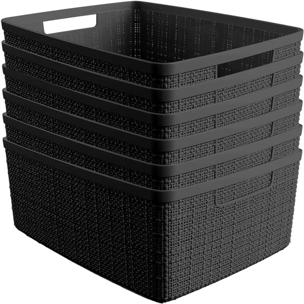 Curver Set of 6 Jute Medium Decorative Plastic Organization Storage Baskets Perfect Bins Home Office, Closet Shelves, Black