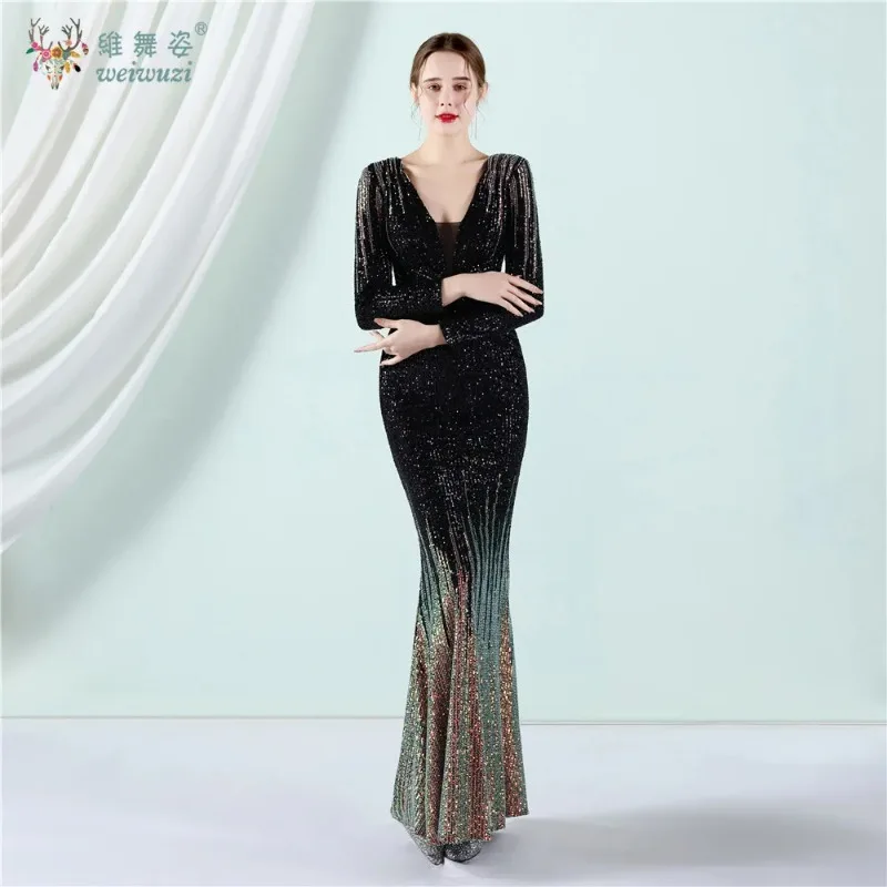 

Sexy V-neck Bodycon Sequin Maxi Summer Birthday Party Fish Tail Dresses Women Elegant Luxury Special Wedding Long Evening Gown