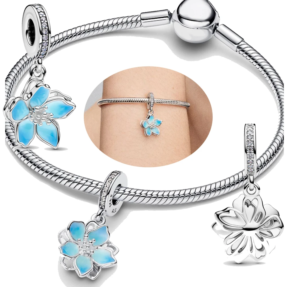 

925 Sterling Silver Blue Fresh Flower Exquisite Charm Original Beads Suitable For Women DIY Jewelry Bracelet