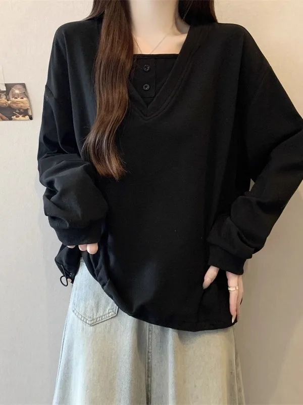 

Loose Long Sve Hoodie Women's Bot Hem Dstring Base irt Trendy plus Size Winter Bla Sweatirt Korean Sle