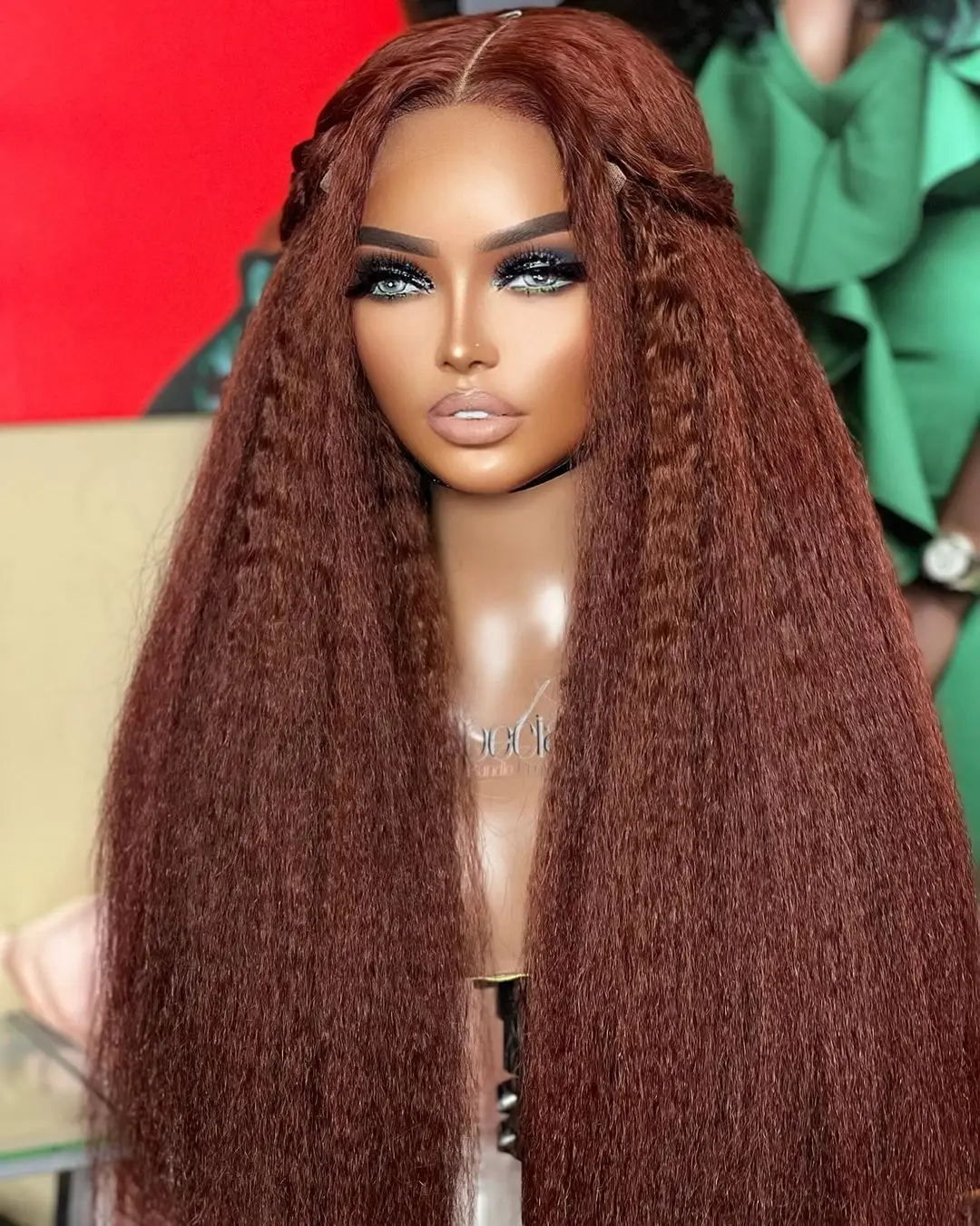 

Brown Kinky Straight Yaki Wig Synthetic Lace Front Wigs For Women Lace Frontal Reddish Brown Copper Red Wig Lace Closured Wig