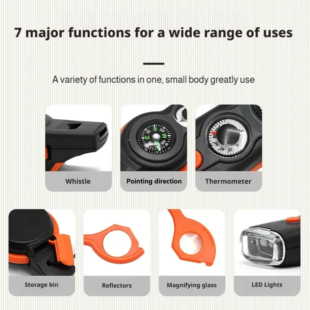 7-in-1 Multifunction Survival Whistle Emergency Tools Camping Hiking Rescue Emergency Loud Whistle Compass Thermometer Magnifier