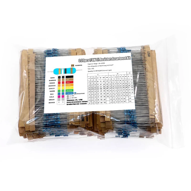 156 spesifikasi 3120 buah 1/4W set resistor film logam 20 buah masing-masing 1 ohm-10M 1% 0.25W