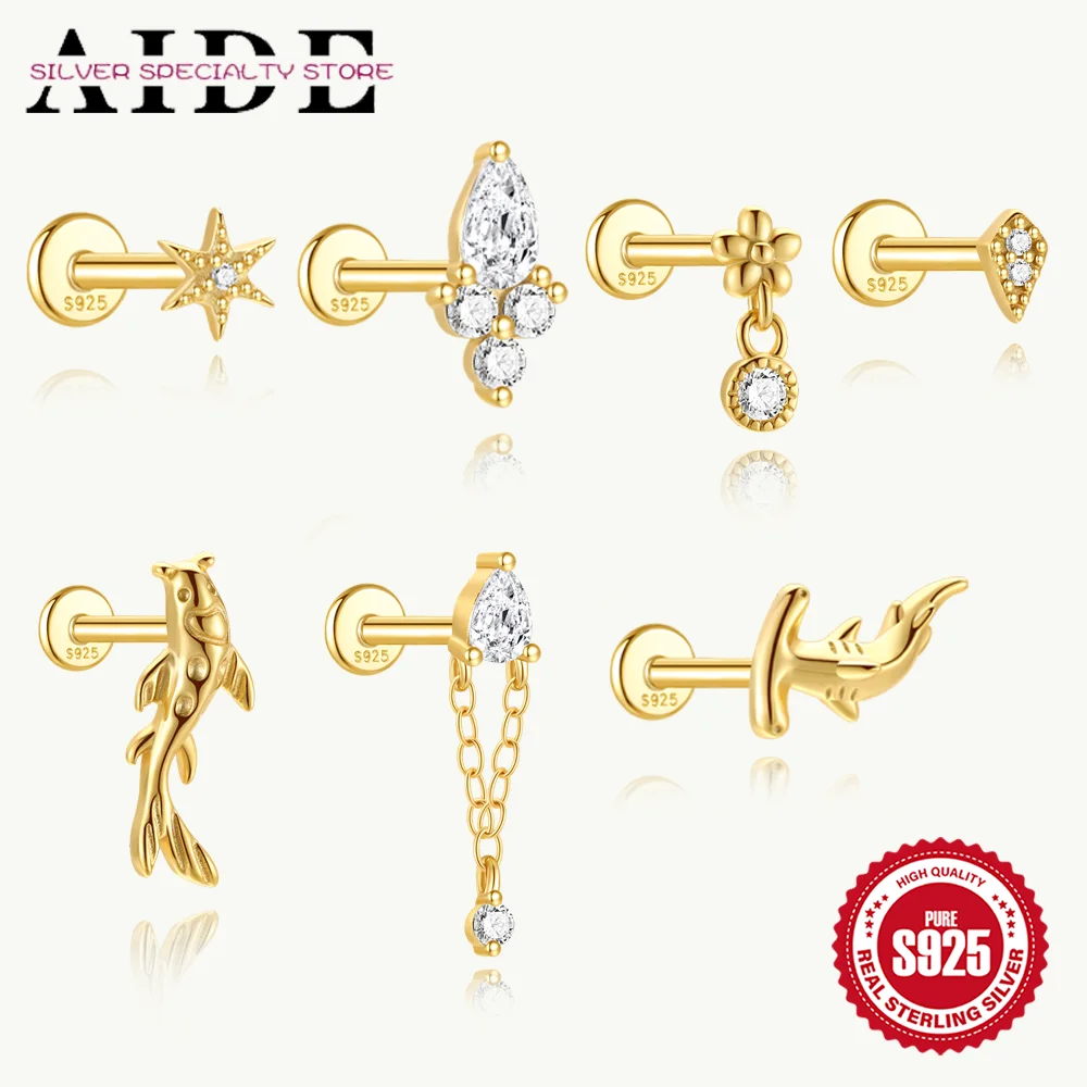 

AIDE 925 Sterling Silver Geometric Star Zircon Goldfish Animal Piercing Flat Bottom Earring for Woman INS Dainty Jewelry Gift