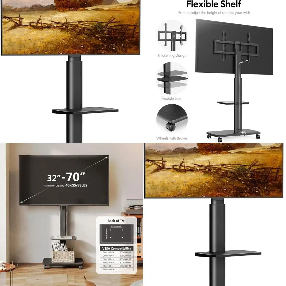 

Rolling TV Stand, Mobile TV Cart on Wheels for 32-65 70 Inch Flat Screen, Tall Floor TV Stand with Swivel Mount for Bedroom, Out