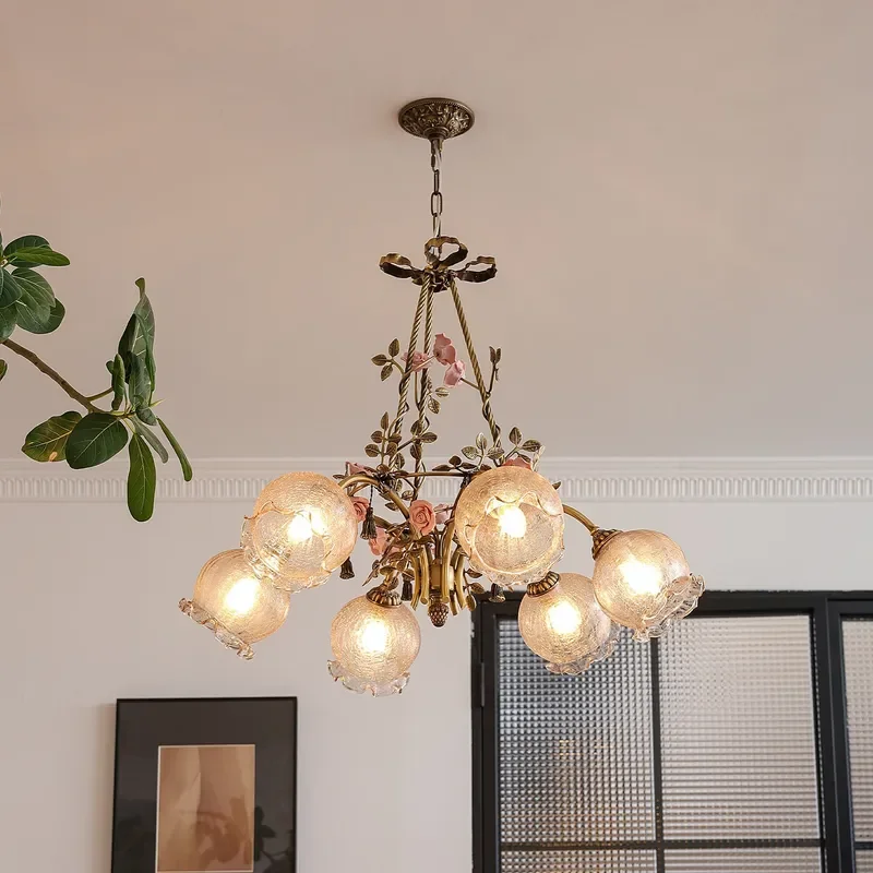 Vintage French Copper Chandelier Antique Rose Flower Lamp Classical Living Room Dining Room Bedroom Decor Romantic Bud Light