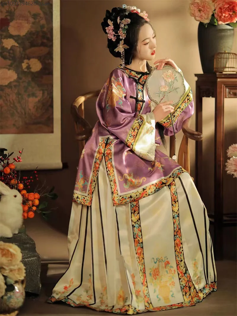 مجموعة تنورة نسائية من Qing Dynasty Hanfu كلاسيكية ذات ياقة مائلة ورقبة دائرية وطباعة هان للفتيات على طراز القصر على شكل وجه حصان #1