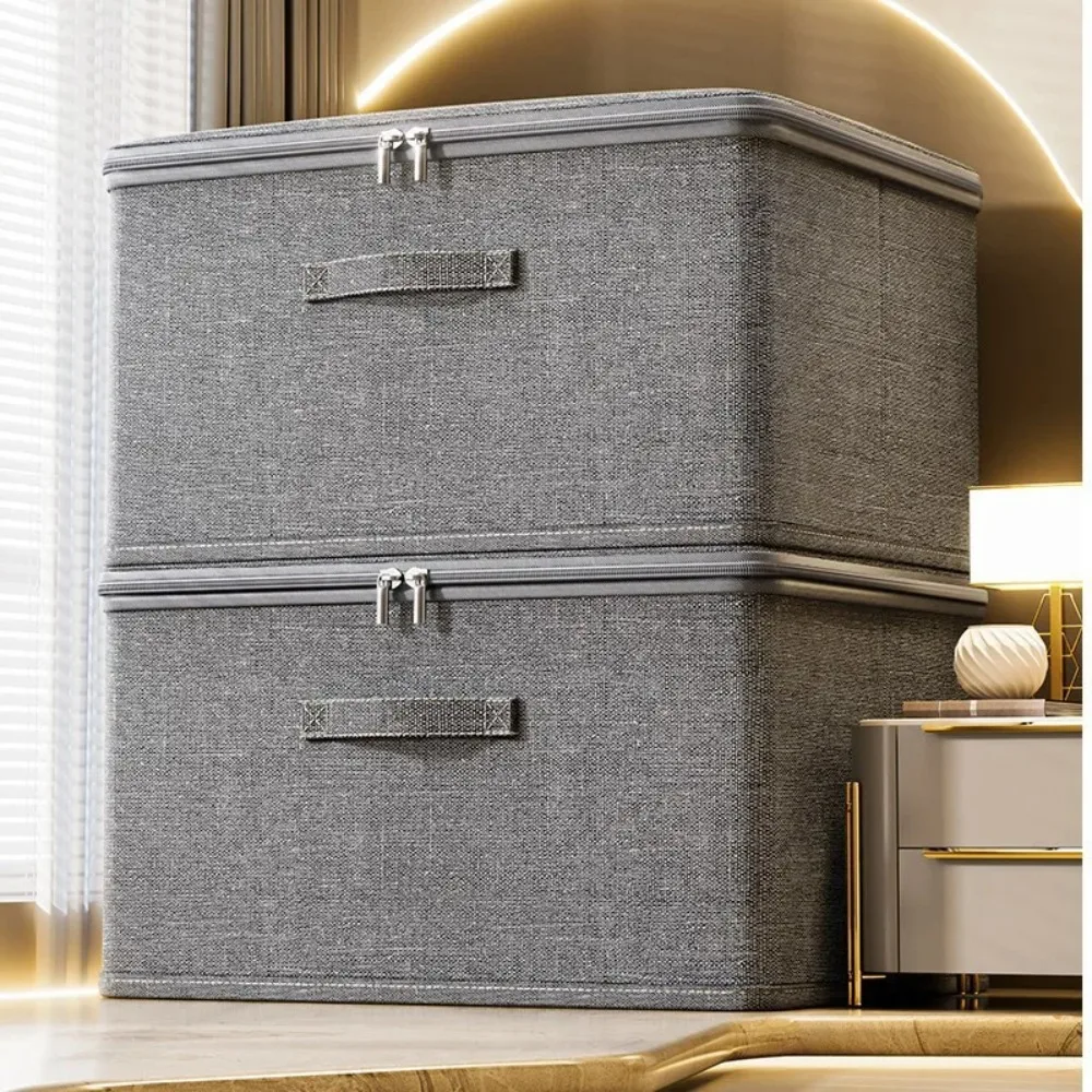 Premium Linen Like Fabric Storage Box Foldable Wardrobe Organizer with Sturdy Board Support Large Zipper Bin for Clothes Sweater