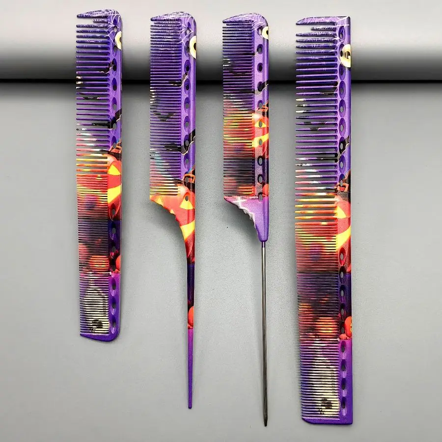 Purple Print Barber's Comb Hairsalon Hair Cutting Combs Hair Dye Steel Needle Pointed Tail Comb Hairdressing Styling Tools