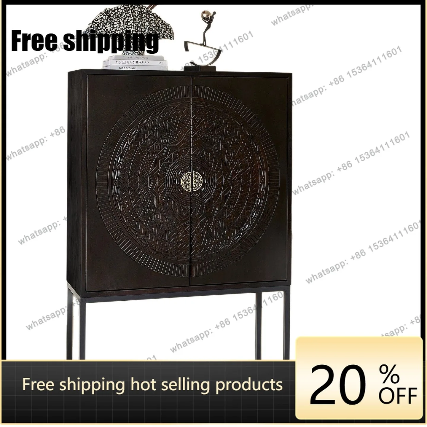 LD antique solid wood living room dining side cabinet, black retro entrance, silent carved decorative cabinet