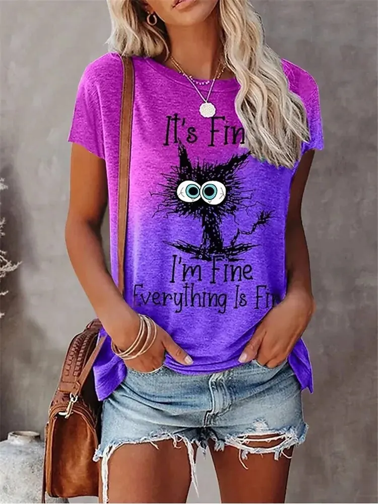 Camisetas con estampado 3D de gatos de dibujos animados para mujer, ropa de calle informal a la moda, camiseta de manga corta con cuello redondo,