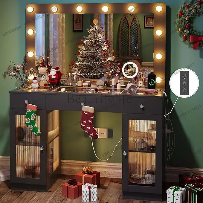 

Glass Top Makeup Vanity Desk with Large Mirror And Lights 3 Color Lighting Modes Power Outlet for Bedroom，Customized