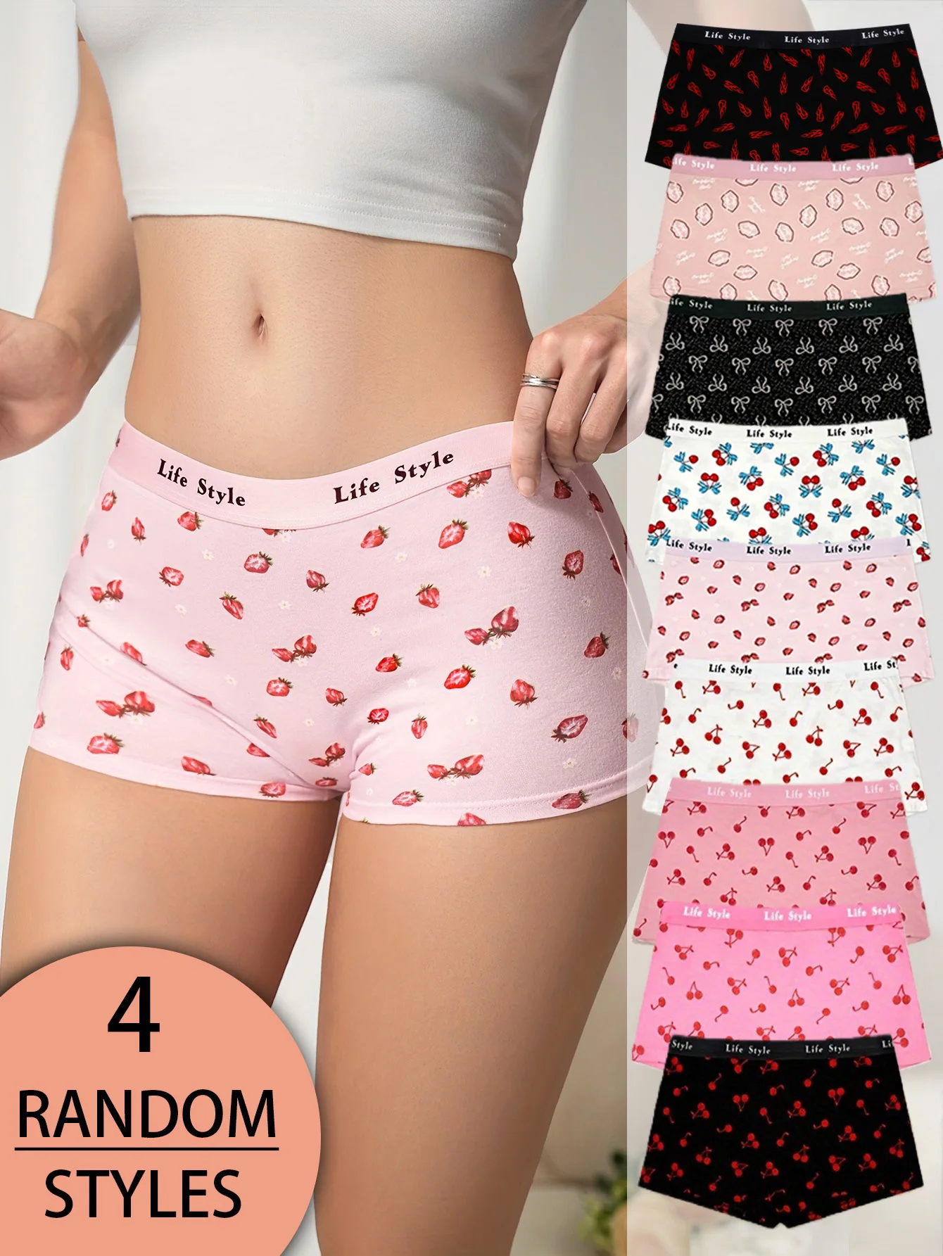 Cueca boxer feminina com estampa de cereja, seleção aleatória de cores mistas, roupa íntima de algodão confortável para viagens e lazer em casa, 4 pacotes