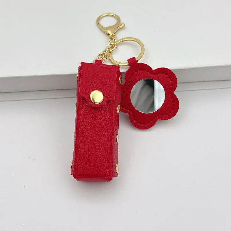 Fashion Leather Keychain with Mirror, Trendy Mini Pouch