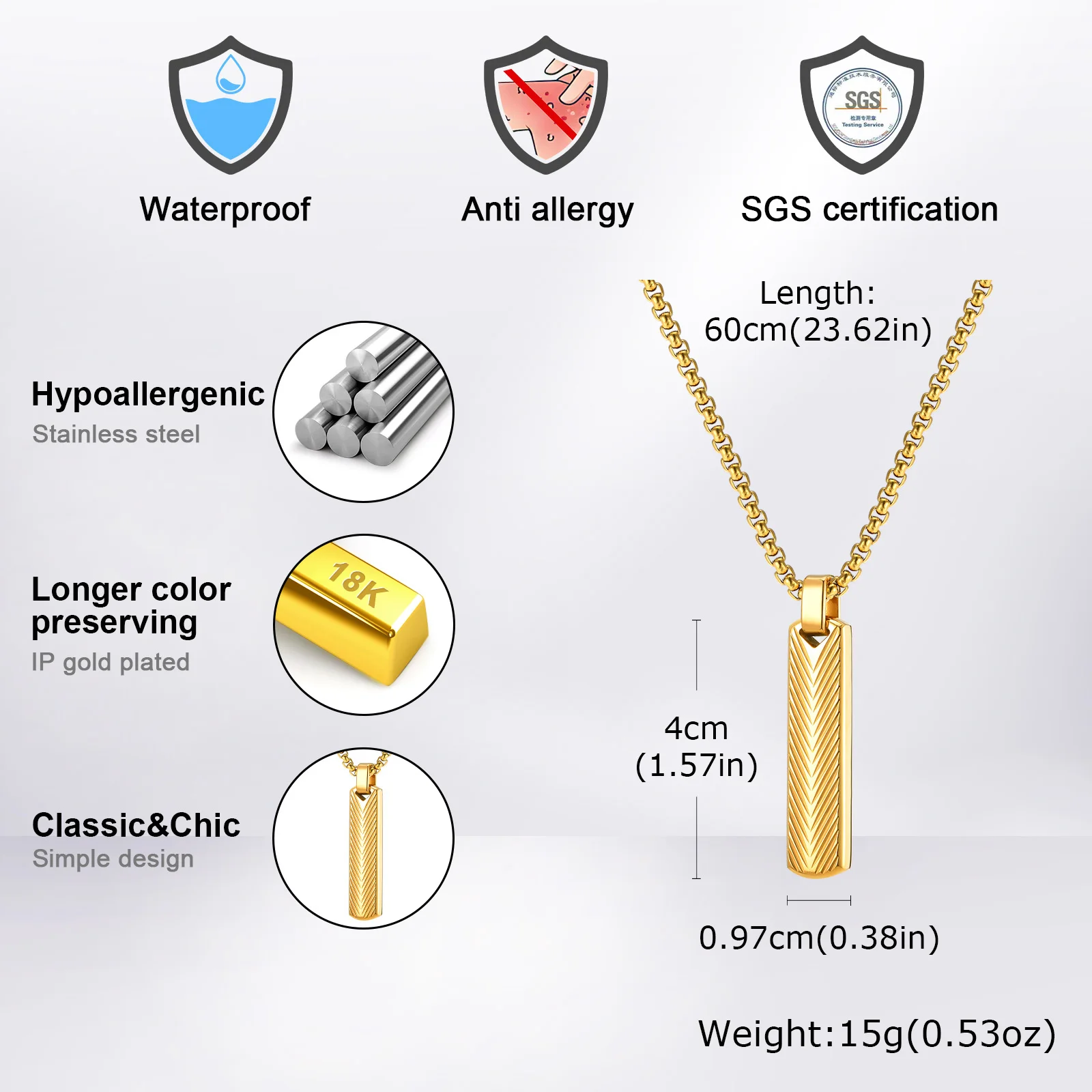 Vertikale Herren-Anhänger-Halsketten, Prägung, Strahlung, Sunburst, Edelstahl, lange Stahalsbänder, männlicher Schmuck, Geschenke für Ihn, BBF – Detail 4