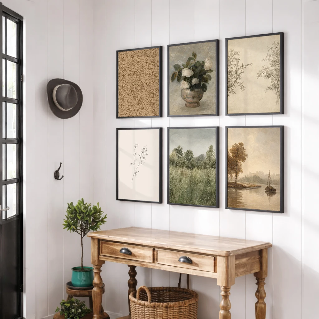 Set of 6 Vintage Neutral Canvas Poster Floral Rose Botanical Meadow River Boat Landscape Wall Decor Home Bedroom Living Room