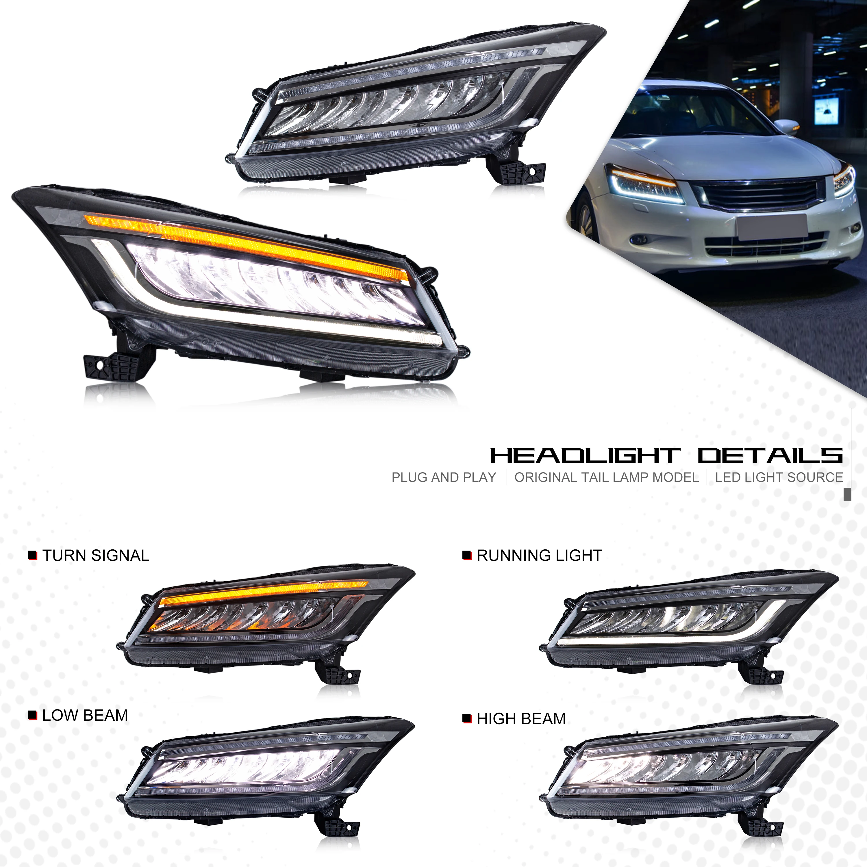 LED Headlights For Honda Accord 2008 2009 2010 2011 2012 8Th GEN With The Start Up Animation Sequential Indicator