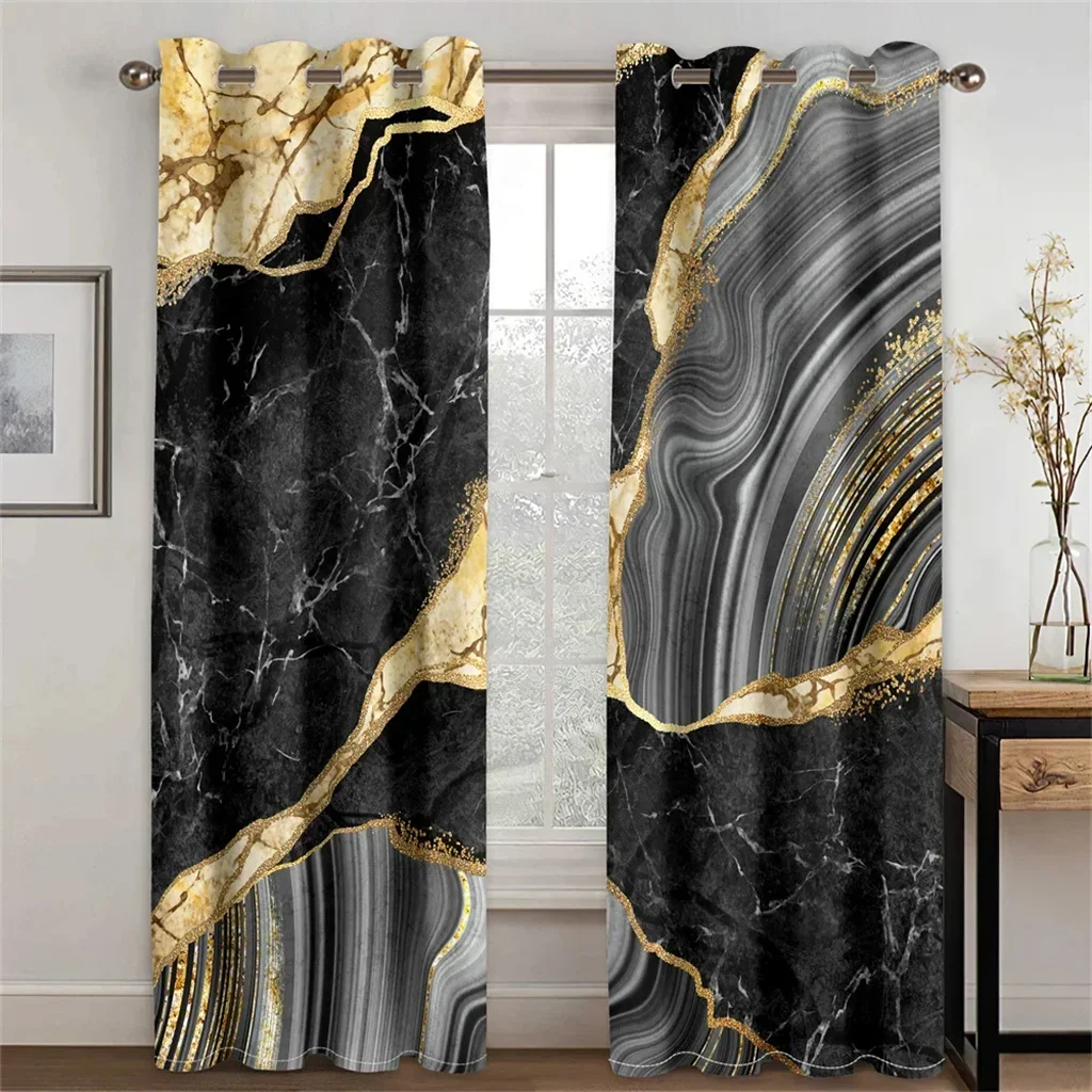 3D Modern Black Gold Abstract Art Marble Elegant Design 2 Pieces Thin Shading Window Drape Curtain for Living Room Bedroom Decor