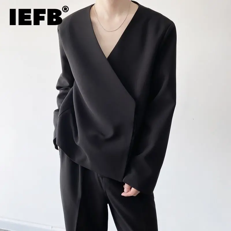 

IEFB Autumn Personality Men's Collarless Short Suit Coat 2023 New Simple Trend Black Oversized Asymmetric Breasted Clothes Y9248