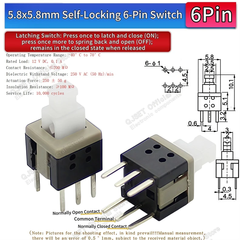 10 Stück 5,8x5,8 7x7 8x8 8,5x8,5mm Selbstverriegelnde/Nicht-verriegelnde Reset-/Multimeter-Taster, Taktiler Mikroschalter, 3/6-Pin Drucktastenschalter – Detail 15