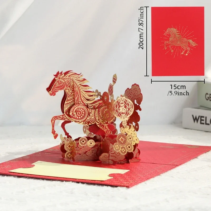 2026 Mondneujahr 3D-Grußkarte mit goldenem Pferde-Design, inklusive Karte und Umschlag, symbolisiert Glück und Wohlstand