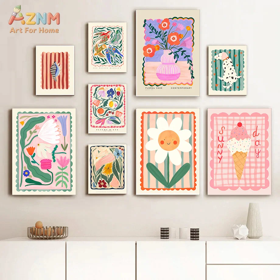 AZNM Boho Colorful Floral Canvas Wall Art Cute Daisy Ice Cream Dalmatian Dog Cartoon Print Girls Bedroom Living Room Decor Poste