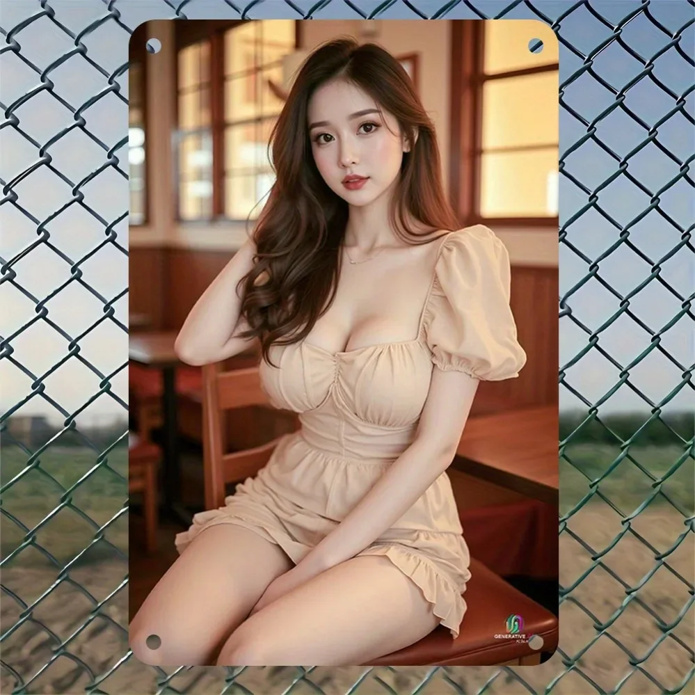 Vintage Elegant Asian Woman with Long Wavy Brown Hair Metal Tin Sign - Retro Sweet Girl in Beige Puff Sleeve Square Neck Romp