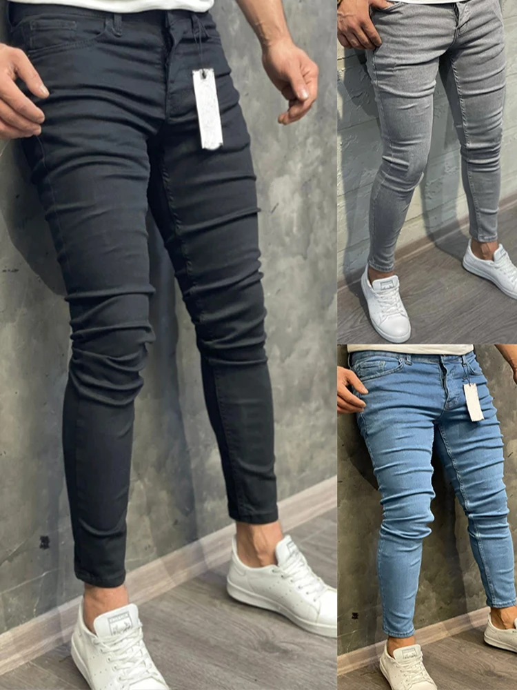 Celana Denim Solid Pencuci Klasik Amerika Eropa Fashion Kualitas Tinggi 2023 Celana Panjang Elastis Pria Kasual Jeans Skinny Pria Biru