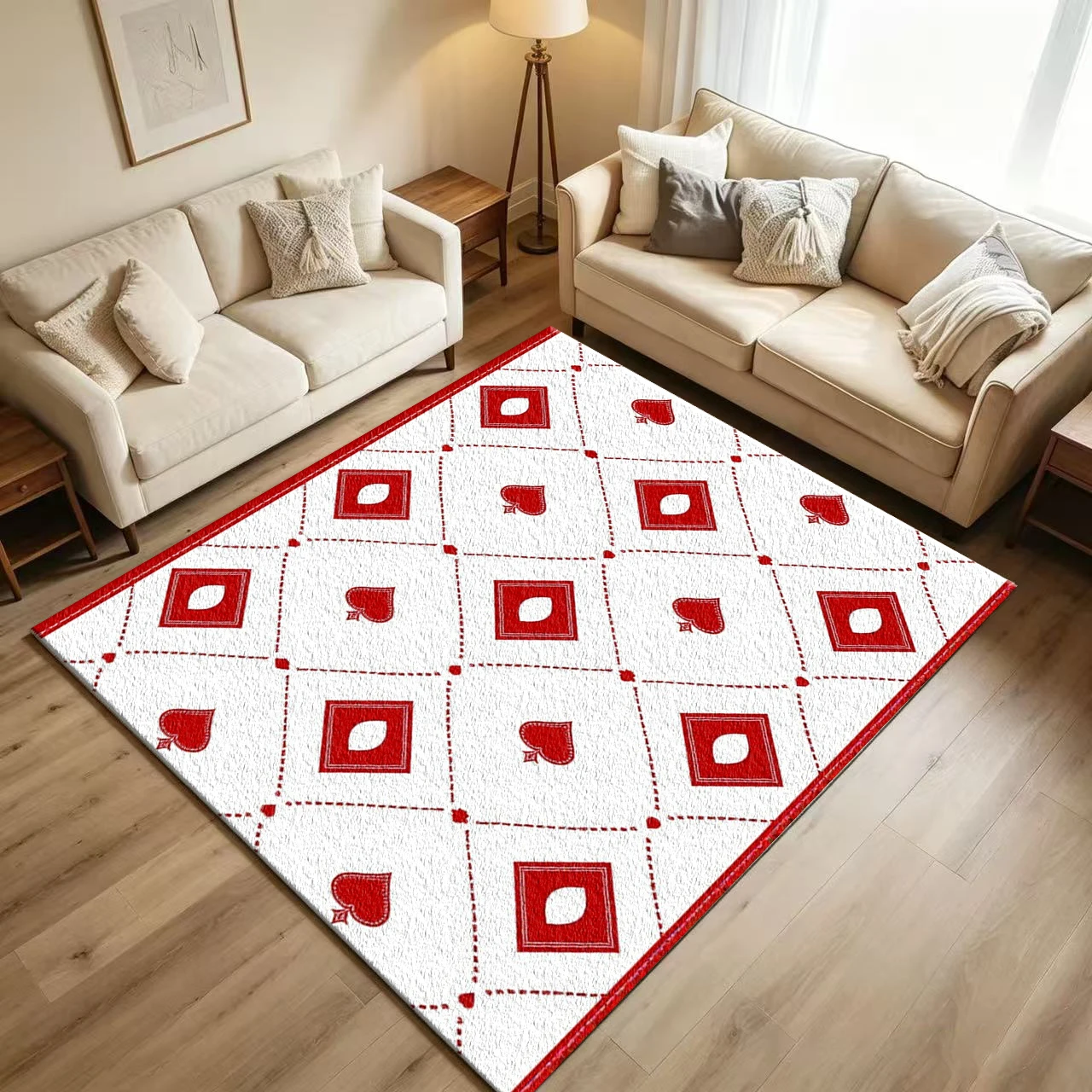 Poker Card Symbols Diamond Heart Carpet Flooring, Retro Playing Card Grid Pattern Non-Slip Area Rug for Home Room Decoration