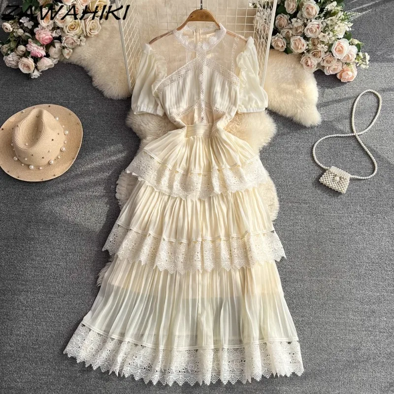 

Elegant Dresses for Women Temperament Ruffles Lace Femme Robe Gauze Patchwork Pleated Ropa Mujer Sweet Slim Waist Vestidos