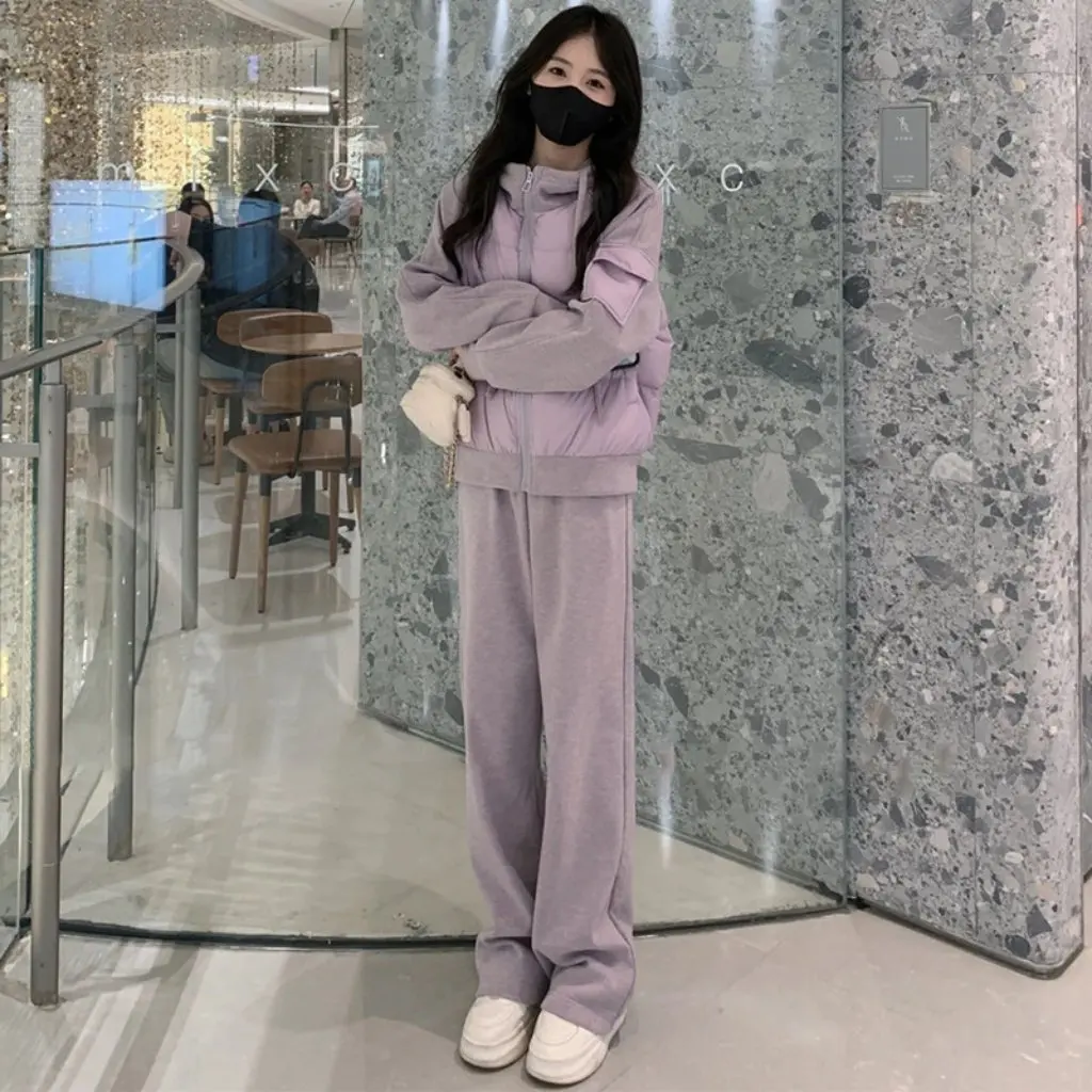 Women's Casual Sports Suit Slimming Cotton Hooded Sweatshirt And Wide Leg Pants Two-Piece Set Western Style Winter
