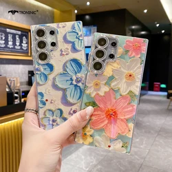 Flower Luxury Phone Case for Samsung Galaxy S24 S23 S22 S21 Ultra Plus Soft Glossy Silicone Blue Pink Floral Purple Cover Sliver