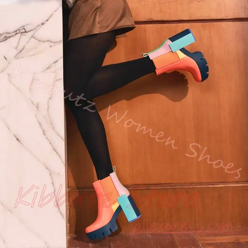 Chelsea Ankle Boots Platform Chunky Block Heel Stretch Round Toe Streetwear Punk Fashion Footwear Party Show Leather Mixed Color