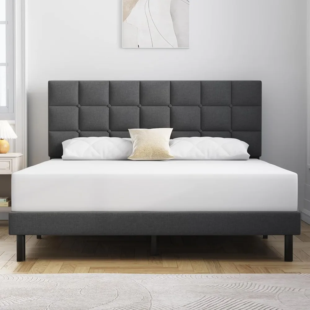 

Queen Bed Frame Upholstered Platform with Headboard and Strong Wooden Slats,Non-Slip and Noise-Free,No Box Spring Needed