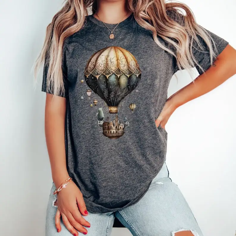 Hot Air Balloon Steampunk T-Shirt, Fantasy T-Shirt for Women, Steampunk Aesthetic