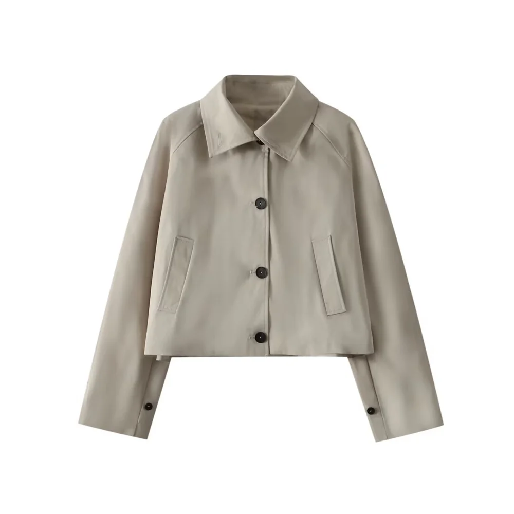 

BMURHMZA New Women's Fashion Simple Buckle Decoration Flip Collar Long Sleeve Short Windbreaker Coat
