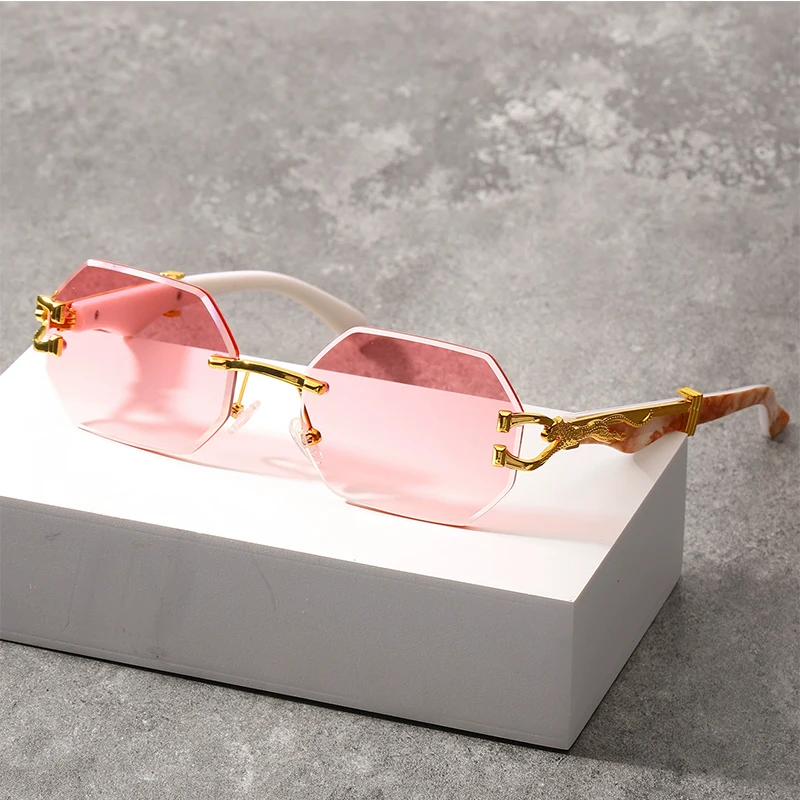 Lunettes de soleil vintage sans monture pour femmes, nuances polygonales, marque de luxe, nickel é, mode, décor léopard, lunettes de soleil, UV400