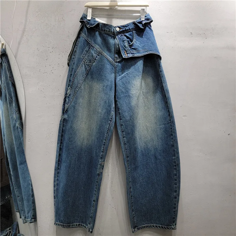 SuperAen 2026 Autumn New Design Fake Two-Piece Denim Pants Women's High-waist Retro Oversize Loose Long Wide Leg Pants